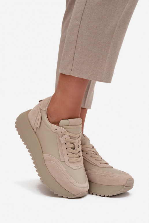 Skórzane Sneakersy Damskie Na Platformie Artiker 55C0021 Beżowe