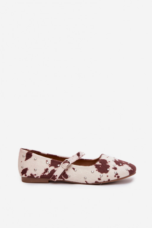 Embellished Women's Ballerinas with Strap in White-Brown Olivisse Embellished Women's Ballerinas with Strap in White-Brown Olivisse