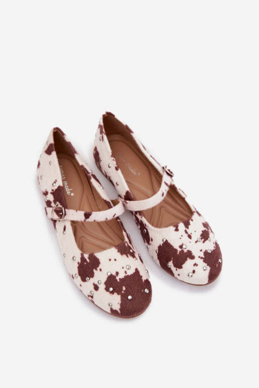 Embellished Women's Ballerinas with Strap in White-Brown Olivisse Embellished Women's Ballerinas with Strap in White-Brown Olivisse