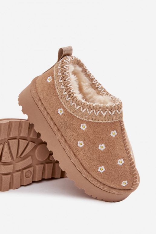 Śniegowce DziecięcewithKwiatuszkami Ocieplane Futerkiem Beżowe Palina