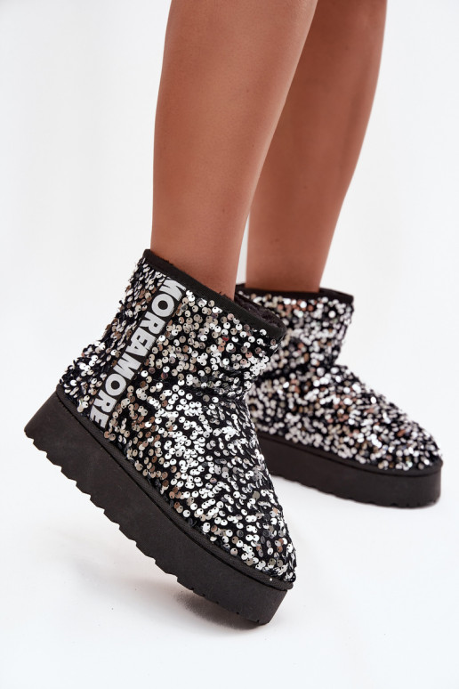 Women's Snow Boots on Platform Decorated with Sequins Black Silver Silmo