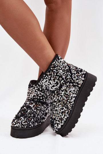 Women's Snow Boots on Platform Decorated with Sequins Black Silver Silmo 2