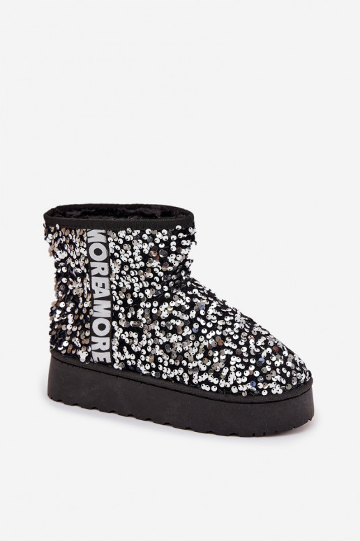 Women's Snow Boots on Platform Decorated with Sequins Black Silver Silmo
