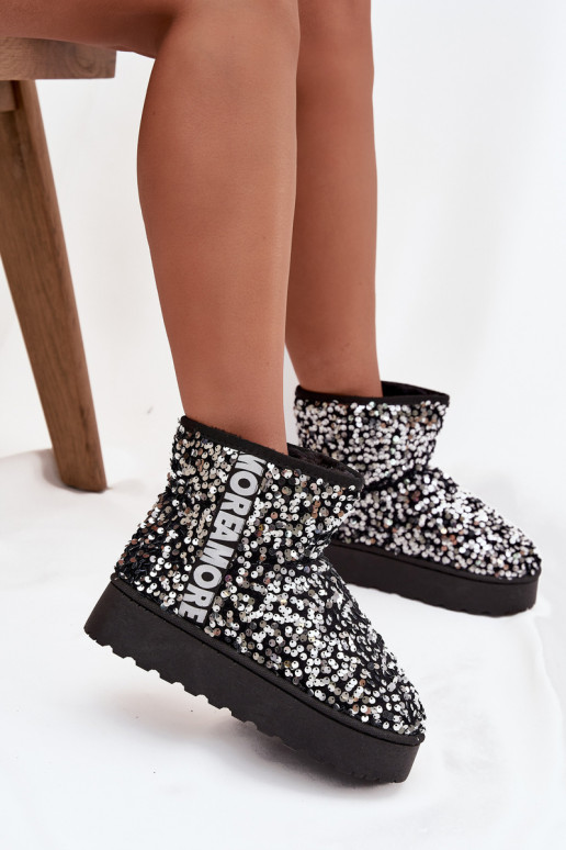 Women's Snow Boots on Platform Decorated with Sequins Black Silver Silmo
