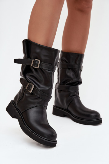 Wrinkled Women's Boots To The Middle Of The Calf With Straps And Buckles Black Halvessa 2