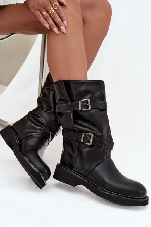 Wrinkled Women's Boots To The Middle Of The Calf With Straps And Buckles Black Halvessa