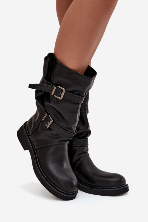 Wrinkled Women's Boots To The Middle Of The Calf With Straps And Buckles Black Halvessa
