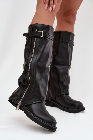 Women's Boots With Turned Cuff Buckle And Silver Zipper Lined Black Bressa 2