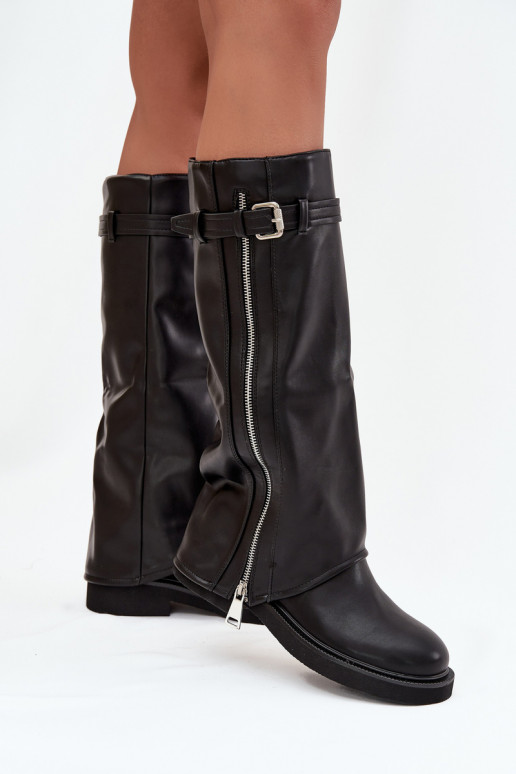 Women's Boots With Turned Cuff Buckle And Silver Zipper Lined Black Bressa