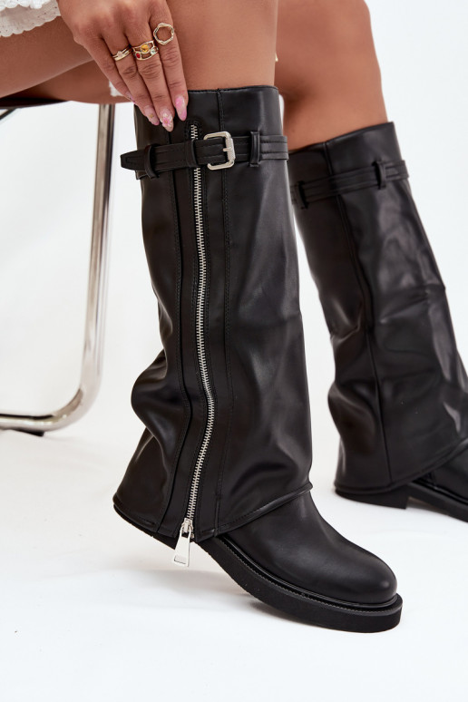Women's Boots With Turned Cuff Buckle And Silver Zipper Lined Black Bressa