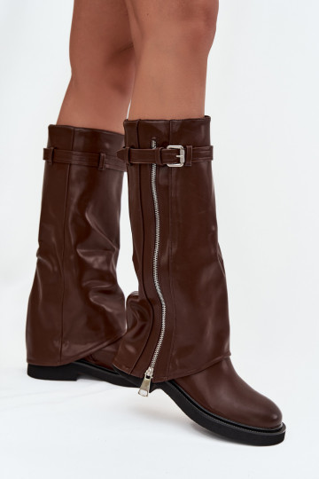 Women's Boots with Turned-up Shaft Buckle and Silver Zipper Insulated Brown Bressa