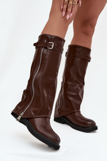 Women's Boots with Turned-up Shaft Buckle and Silver Zipper Insulated Brown Bressa 2
