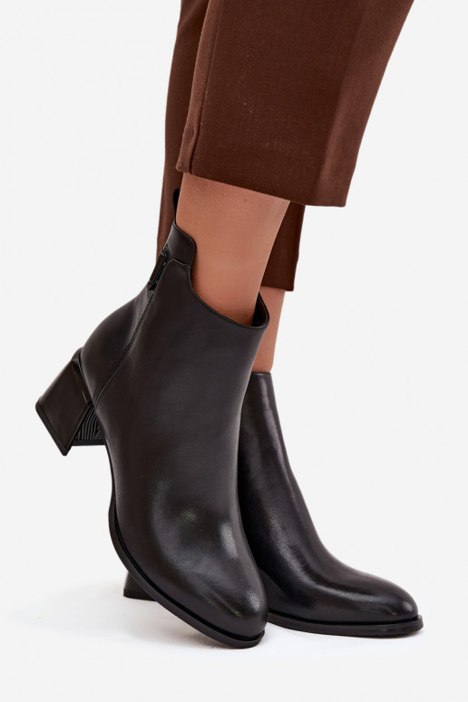 Botki Damskie Skórzane Na Obcasie Ocieplane Czarne Nolivra