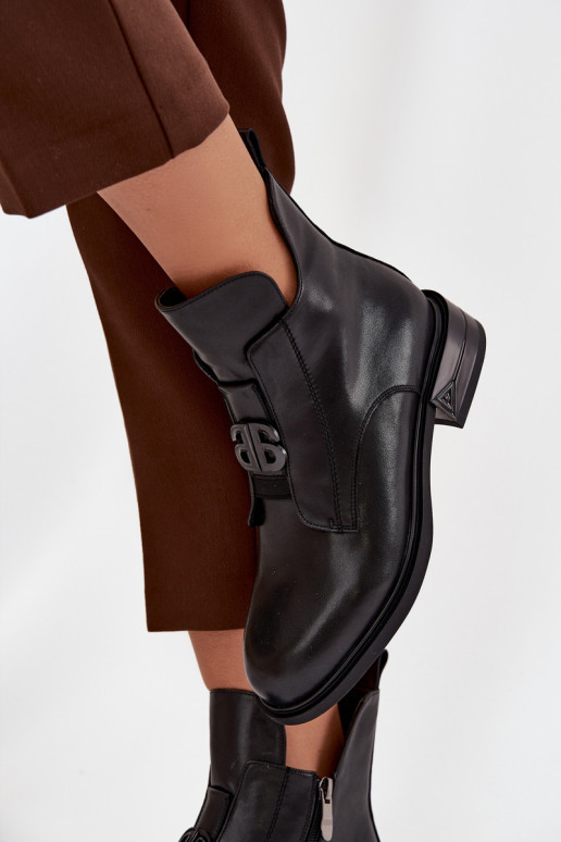 Ocieplane Skórzane Botki DamskiewithOzdobnym Detalem Czarne Briselda
