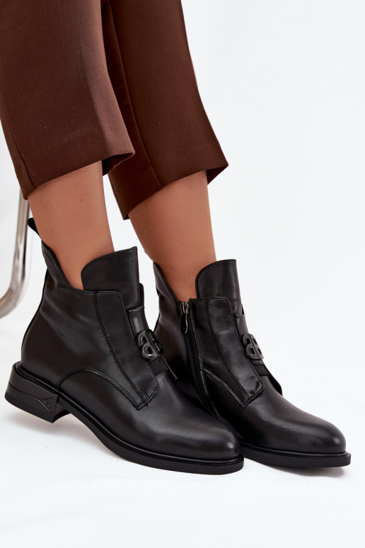 Ocieplane Skórzane Botki DamskiewithOzdobnym Detalem Czarne Briselda