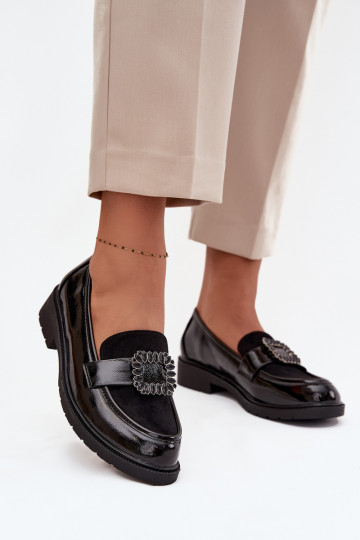 Patent Leather Women's Loafers With Decorative Buckle S.Barski HY52-546 Black 2
