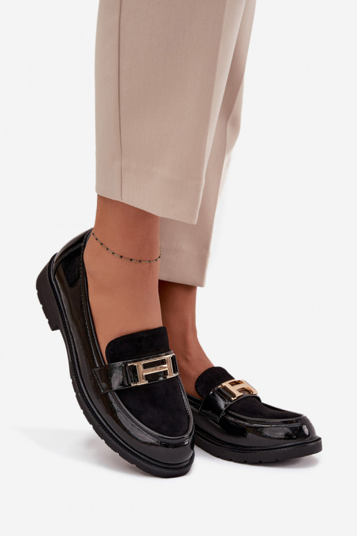 Lakierowane Mokasyny Damskie Ze Złotym Detalem S.Barski HY52-545 Czarne