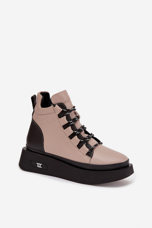 Skórzane Botki Damskie Na Platformie Ocieplane Artiker 55C0884 Beżowe