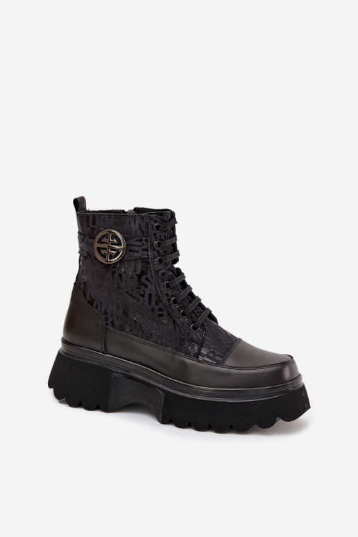 Skórzane Botki Damskie Na PlatformiewithNapisami I Ozdobnym Detalem Artiker 57C2273 Czarne