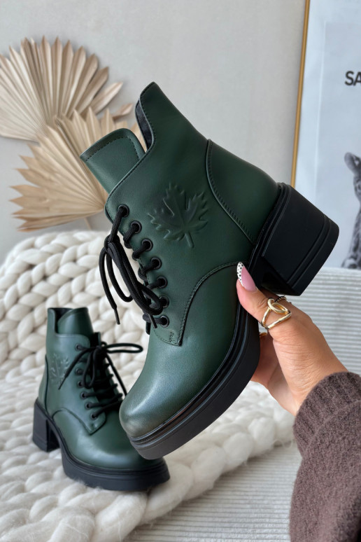 Women's Leather Block Heeled Boots with Lining Vinceza 39950 Dark Green