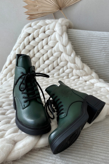Women's Leather Block Heeled Boots with Lining Vinceza 39950 Dark Green 2