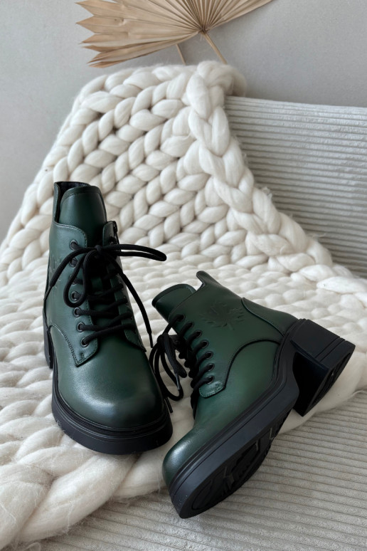 Women's Leather Block Heeled Boots with Lining Vinceza 39950 Dark Green