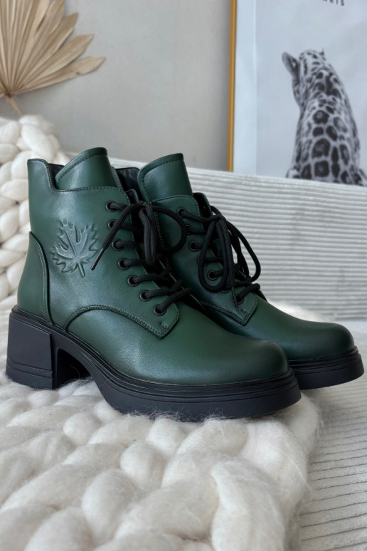 Women's Leather Block Heeled Boots with Lining Vinceza 39950 Dark Green