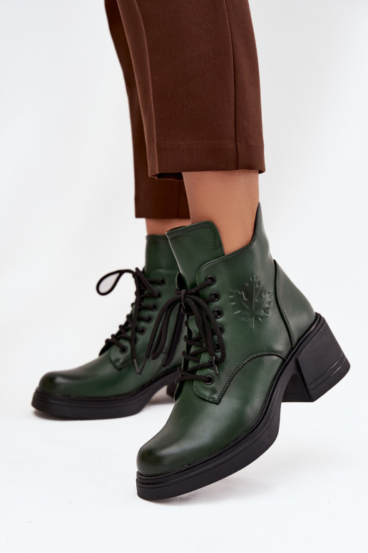 Women's Leather Block Heeled Boots with Lining Vinceza 39950 Dark Green