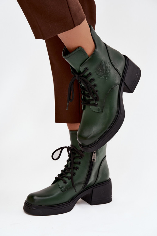 Women's Leather Block Heeled Boots with Lining Vinceza 39950 Dark Green