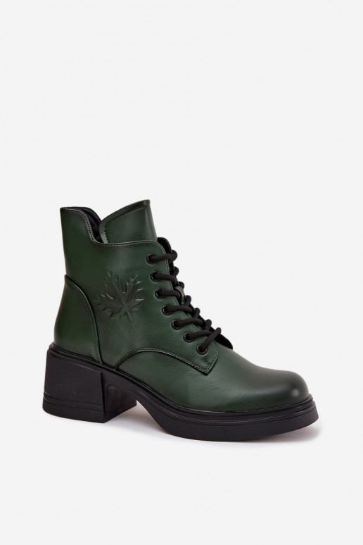 Women's Leather Block Heeled Boots with Lining Vinceza 39950 Dark Green