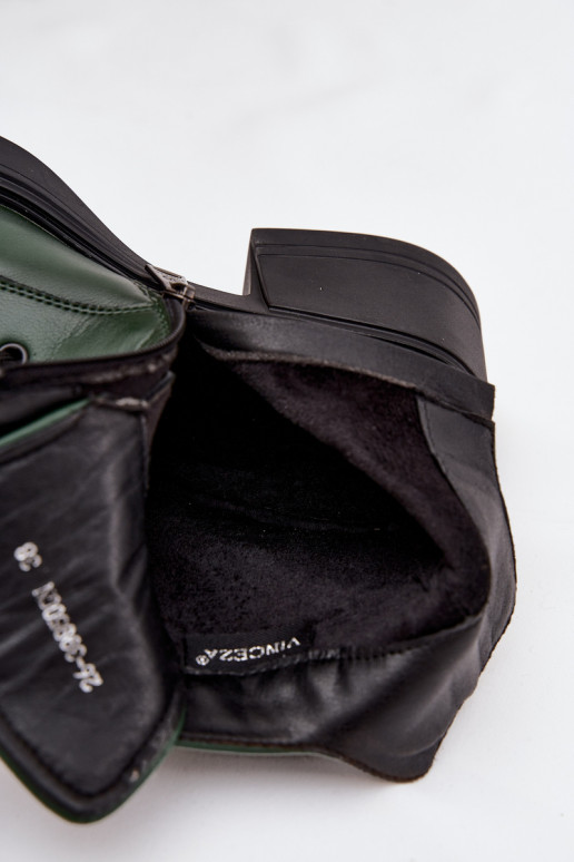 Botki Damskie Skórzane Na Klocku Ocieplane Vinceza 39950 Ciemnozielone