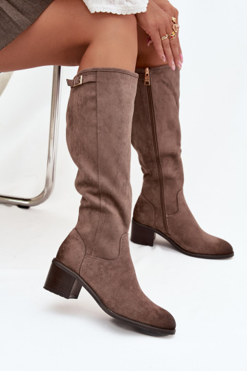Knee-high eco suede boots on a heel Vinceza 58332 dark beige 2