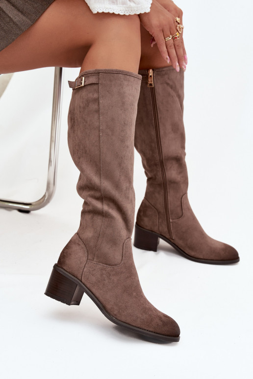 Knee-high eco suede boots on a heel Vinceza 58332 dark beige Knee-high eco suede boots on a heel Vinceza 58332 dark beige