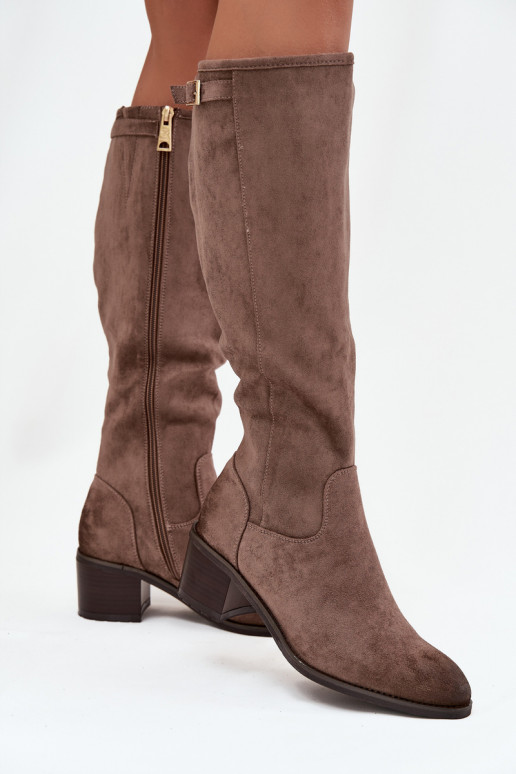 Knee-high eco suede boots on a heel Vinceza 58332 dark beige Knee-high eco suede boots on a heel Vinceza 58332 dark beige