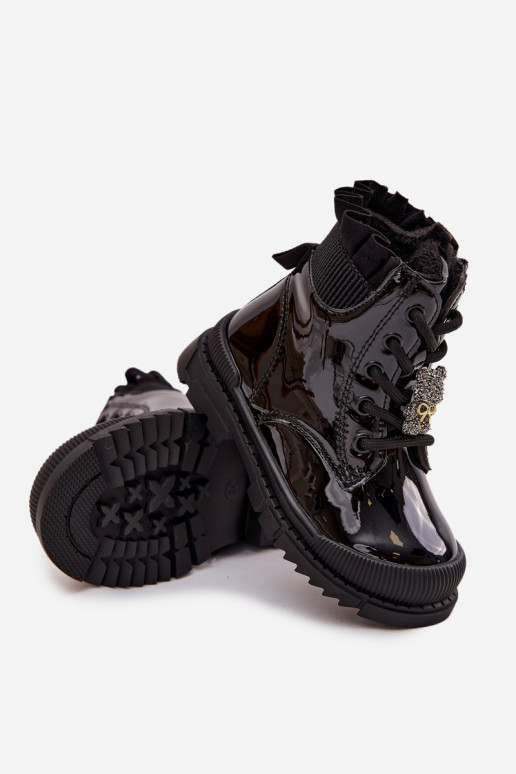 Lakierowane Botki Dziecięce OcieplanewithPrzypinką Miś Czarne Fionessa