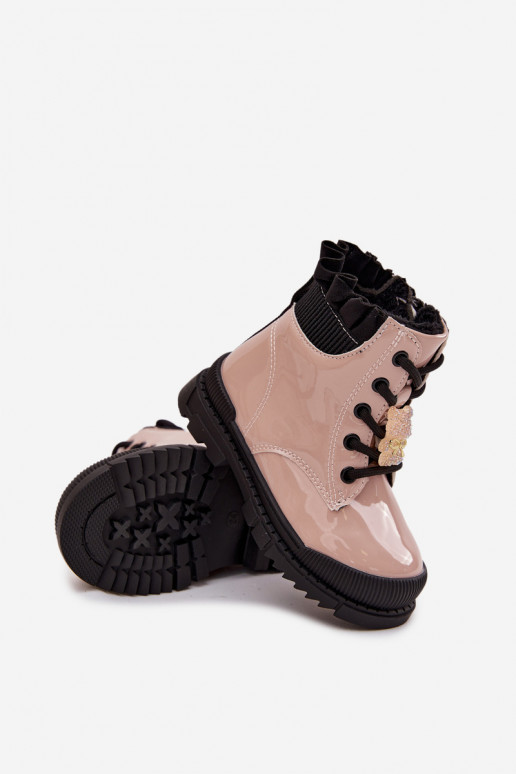 Lakierowane Botki Dziecięce OcieplanewithPrzypinką Miś Beżowe Fionessa