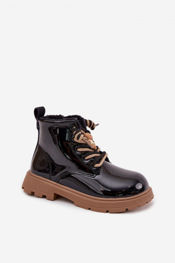 Insulated children's patent leather ankle boots with a bear strap black Jovellea