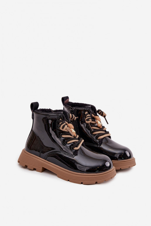 Ocieplane Botki Dziecięce LakierowanewithPrzypinką Miś Czarne Jovellea