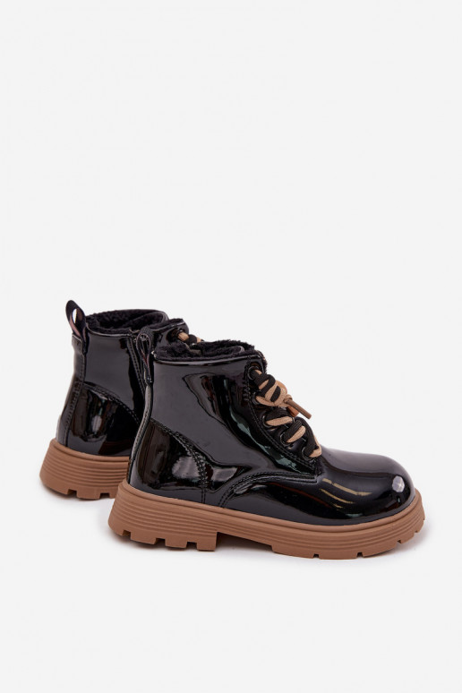 Insulated children's patent leather ankle boots with a bear strap black Jovellea