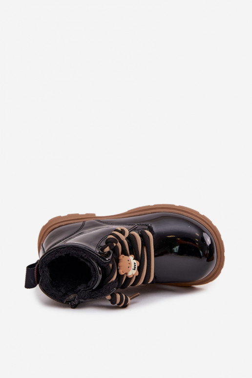 Insulated children's patent leather ankle boots with a bear strap black Jovellea