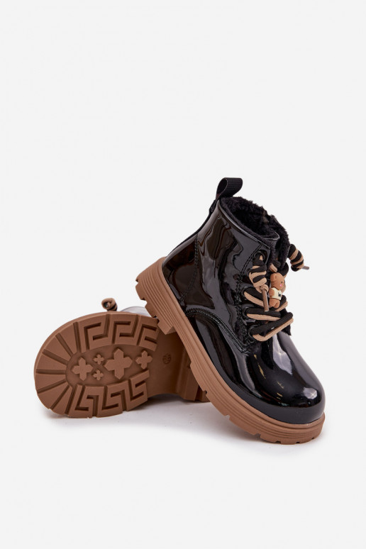 Ocieplane Botki Dziecięce LakierowanewithPrzypinką Miś Czarne Jovellea