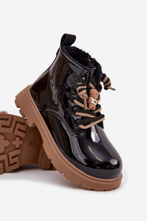 Insulated children's patent leather ankle boots with a bear strap black Jovellea