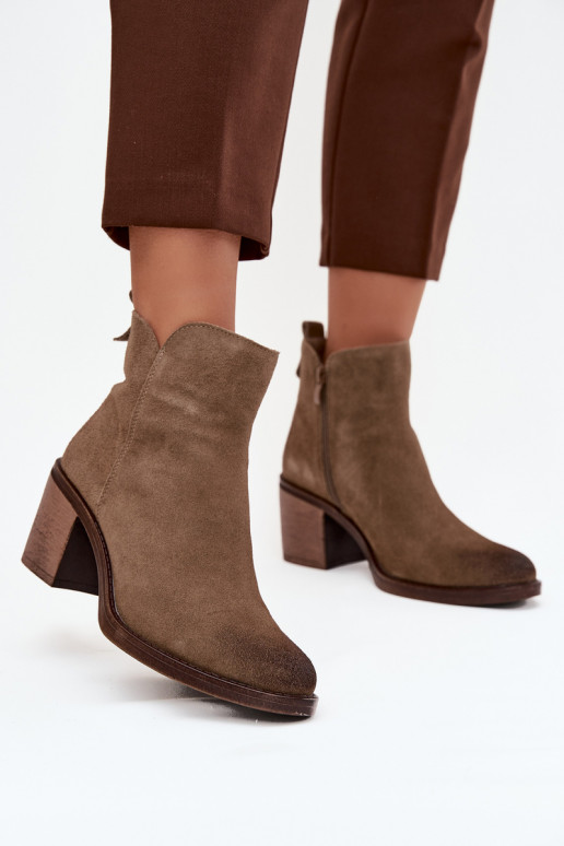 Women's ankle boots made of natural suede with heel Sergio Leone BT25321-S khaki Women's ankle boots made of natural suede with heel Sergio Leone BT25321-S khaki