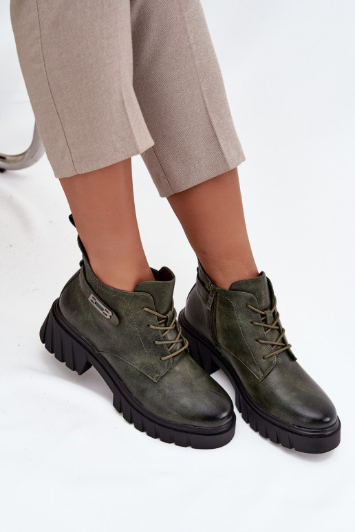 Niskie Ocieplane Botki Damskie Na KlockuwithOzdobnym Paskiem Ciemnozielone Therisse