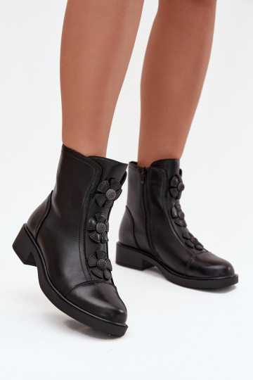Leather Women's Ankle Boots With Decorative Flowers Warm Black Belverine 2