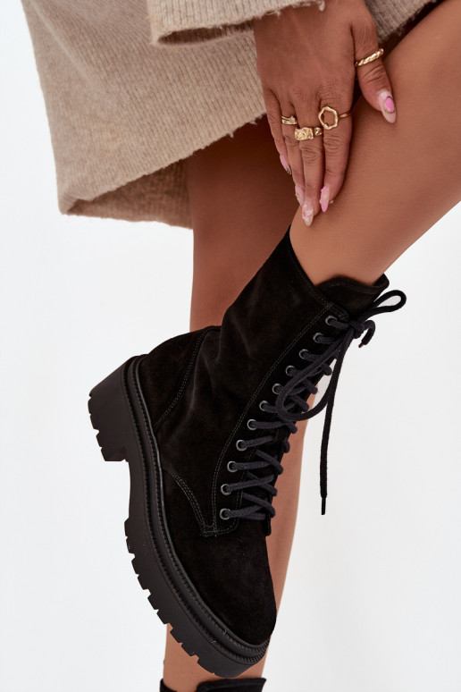 Botki Workery DamskiewithNaturalnego Zamsz Ocieplane Zazoo 4213 Czarne