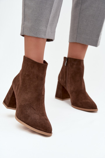Ankle boots made of natural suede with block heel insulated brown Zazoo 3128