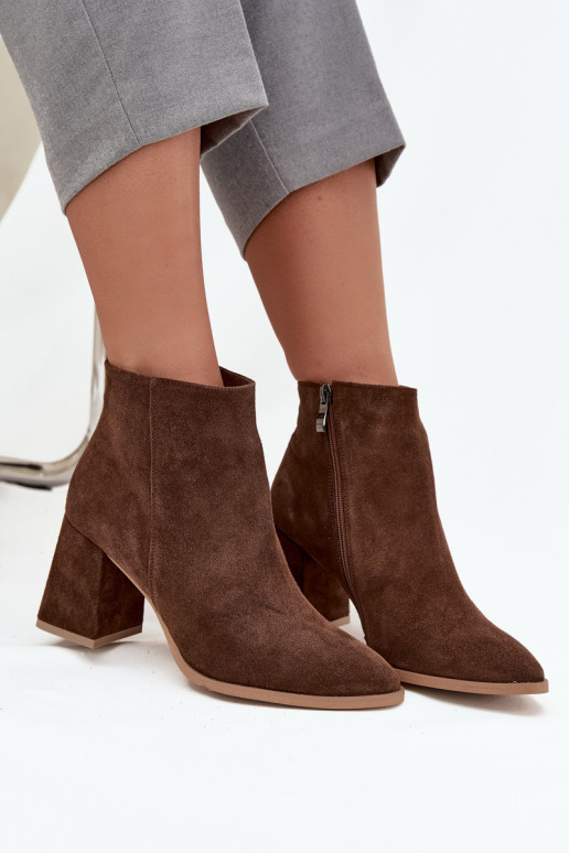 Ankle boots made of natural suede with block heel insulated brown Zazoo 3128