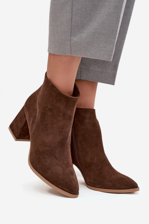 Ankle boots made of natural suede with block heel insulated brown Zazoo 3128