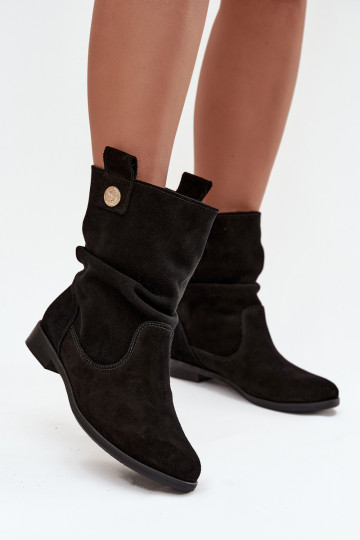 Leather Suede Women's Ankle Boots with Gathering Insulated Zazoo 4210 Black